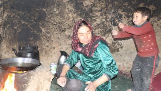 Young Mother Cooking Winter Food in the Cold Weather in the Cave |  Afghanistan Village Life