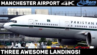 THREE AWESOME LANDINGS with ATC - PIA 777 Retro Livery Hainan 787 Qatar 777 Manchester Airport 4K