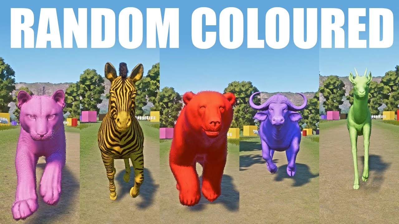 Гонки на скорость с участием цветных животных в Planet Zoo: пума, зебра, медведь, буйвол и газель.