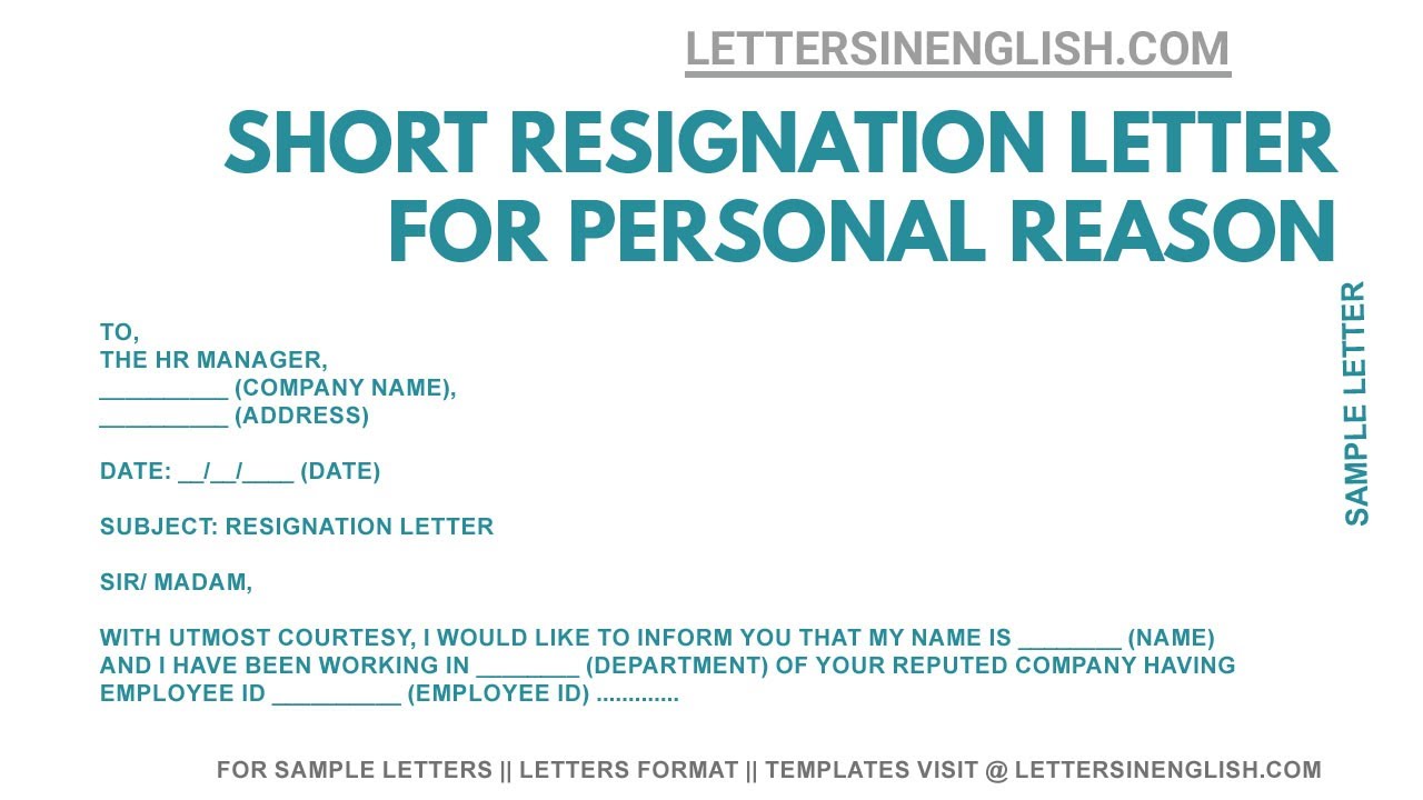 Short Resignation Letter Resignation Letter For Personal Reason Letters In English Youtube