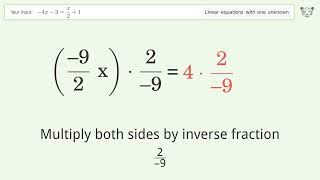 Solve -4x-3=x/2+1: Linear Equation Video Solution | Tiger Algebra