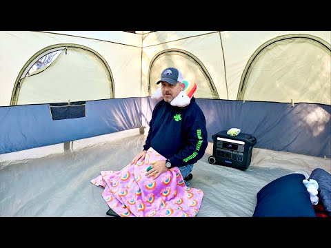 Family camping for 4 in a GIANT tent, Unicorn blankets and Rainbow Pillows..............