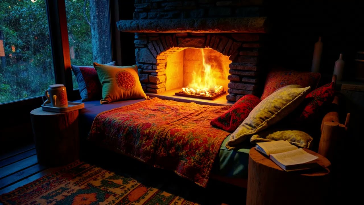 Bedside Stone Fireplace on a Rainy Forest Night | Soothing Cabin Rain Ambience for Sleep