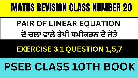 Pair of Linear equations  ਦੋ ਚਲਾ ਵਾਲੇ ਰੇਖੀ ਸਮੀਕਰਨ ਦੇ ਜੋੜੇ exercise 3.1 Question 1,5,7 Class 20