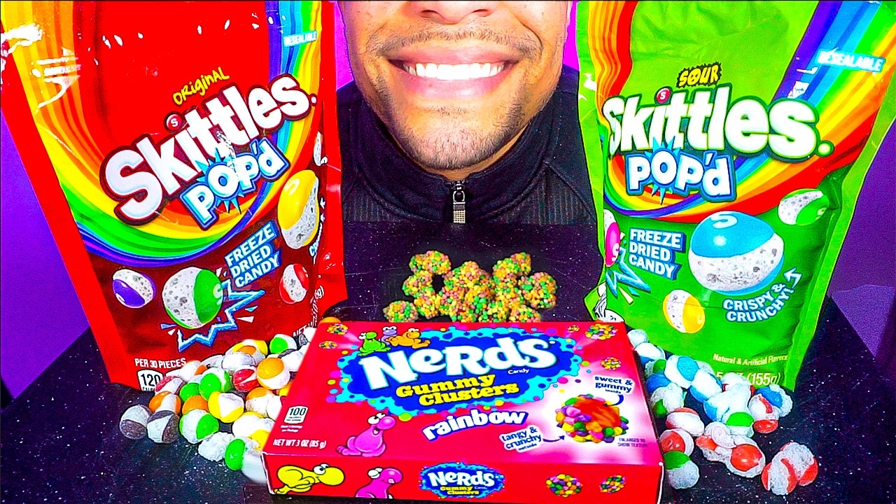 ASMR SKITTLES FREEZE DRIED CANDY NERDS GUMMY CLUSTERS EATING POP'D ...