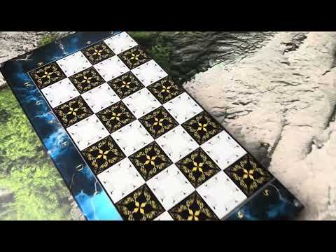 Елітний набір 3 в 1 з дерева і гартованого скла з візерунком блискавки, Шахи, шашки, нарди, видео 1