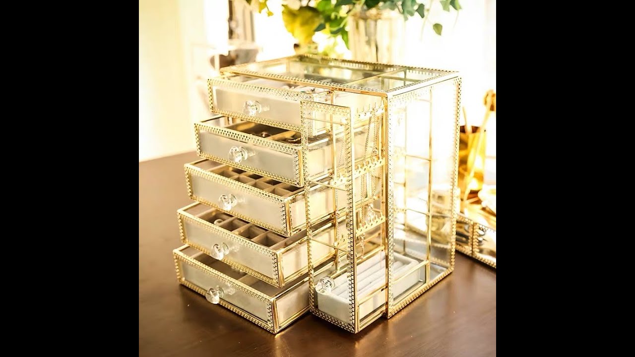 Glass Mirrored 5 Drawers Jewelry Box Vintage Metal Edge Jewelry