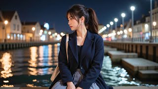 AI-MODEL-ART 美とARTの世界　港の光に包まれて：夜風に髪がなびく…