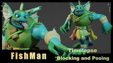 Timelapse blocking and posing a FishMan in Blender with BlockSurfaces addon #blender #character #3d