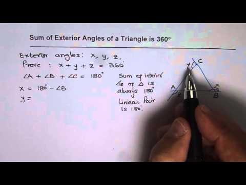 Video: Kaip įrodyti, kad trikampio išorinių kampų suma yra 360?