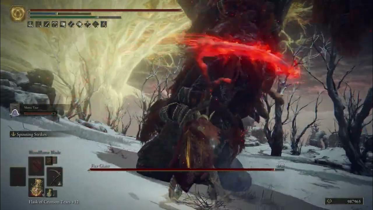Fire Giant vs Grave Scythe Bloodflame Blade+Spinning Strikes melts Bosses Elden Ring YouTube