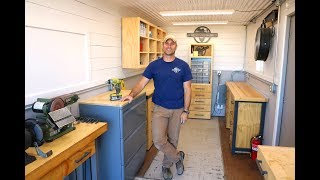 Shipping Container Shop   Corrugated ceiling, trim and file cabinet storage