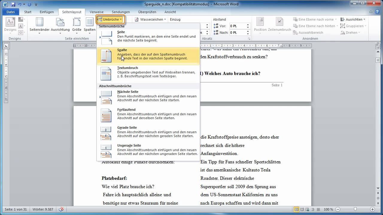 Word 10 Spaltenlayout Erstellen Youtube