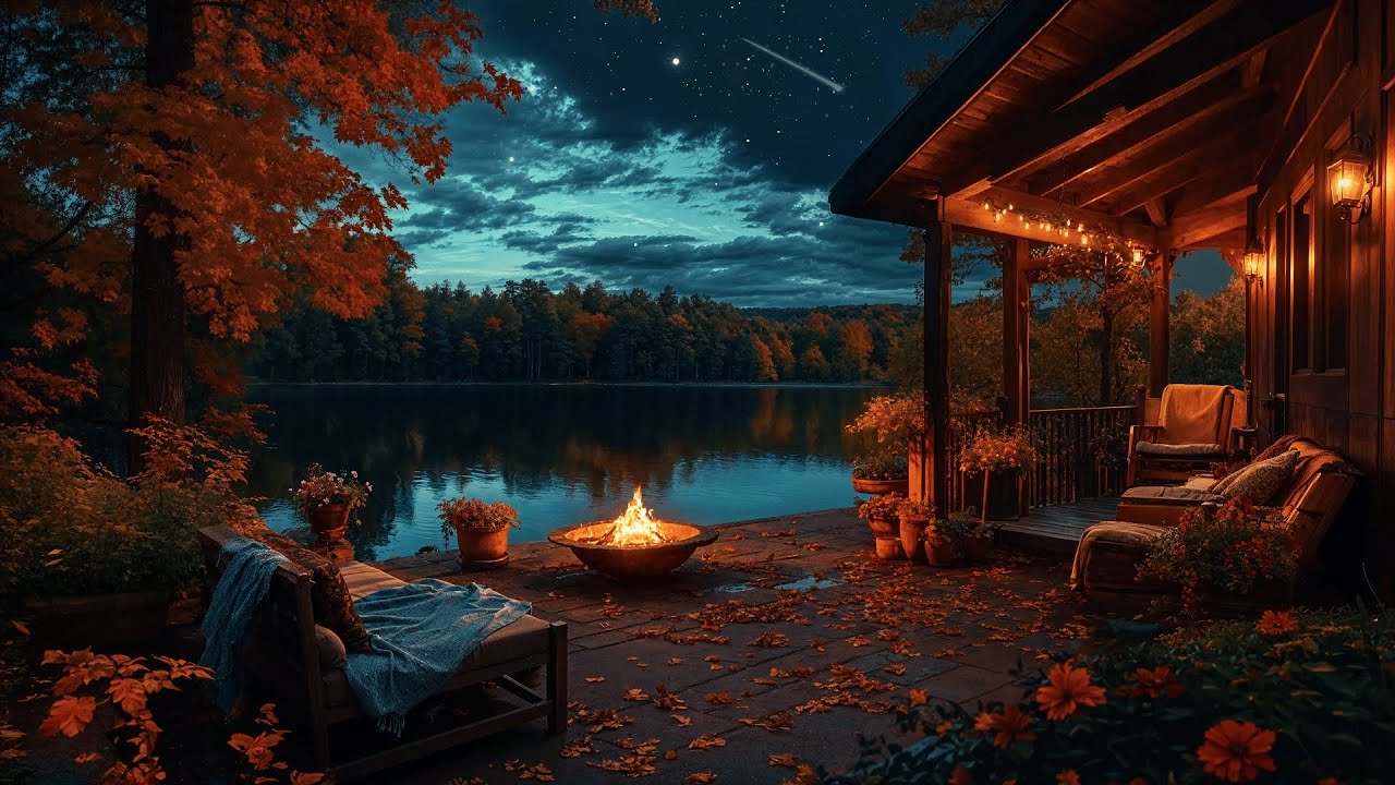 Lakeside Nighttime: Cozy Fire Pit with Soothing Crickets and Water ...