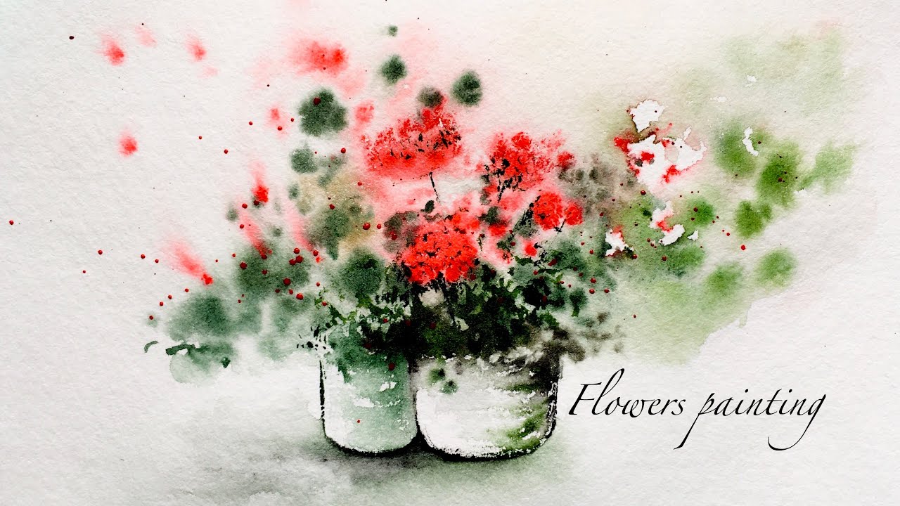 painting of red candlestick flowers in pots . watercolor painting