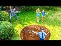 Amelia and Avelina save the police officer. Funny garden adventure.