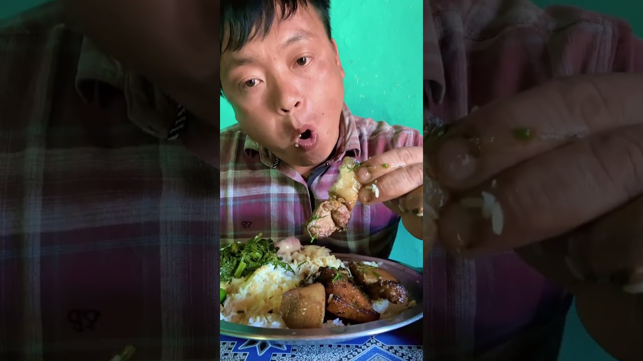 eating rice and pork meat