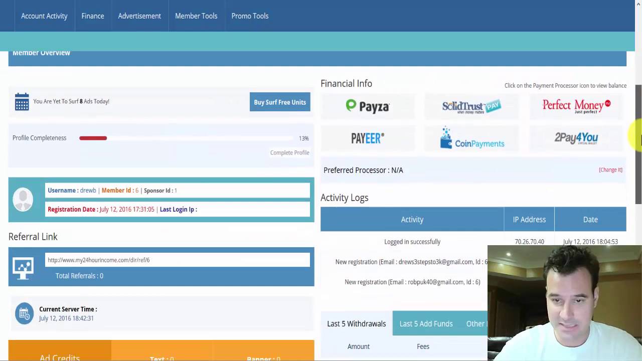 My 24 hours income, the new revshare (admin Drew Burton) - Referral link and comissions