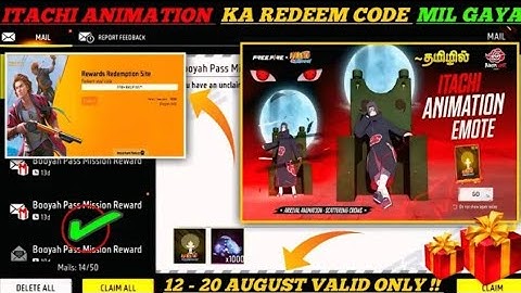 FREE FIRE REDEEM CODE TODAY 12 AUGUST ITACHI NARUTO | FF REWARDS REDEEM CODE | FF REDEEM CODE TODAY