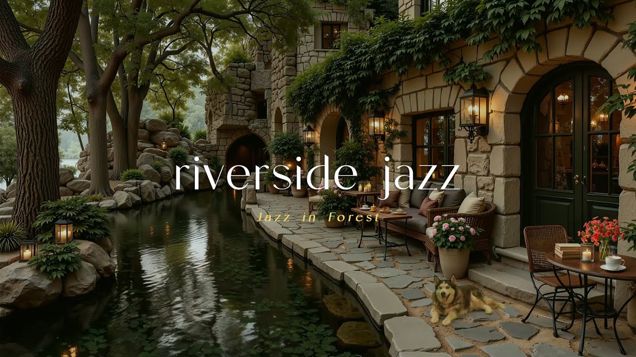 Tranquil Forest Riverside Cafe Ambience | Soft Jazz Music & Candlelight for Relaxing Moments