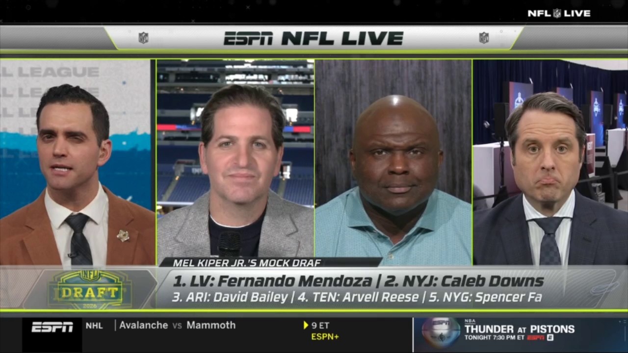 NFL LIVE | Booger breaks down Mel Kiper Jr.'s top-5 picks: Mendoza to Raiders? Downs to Jets? & More