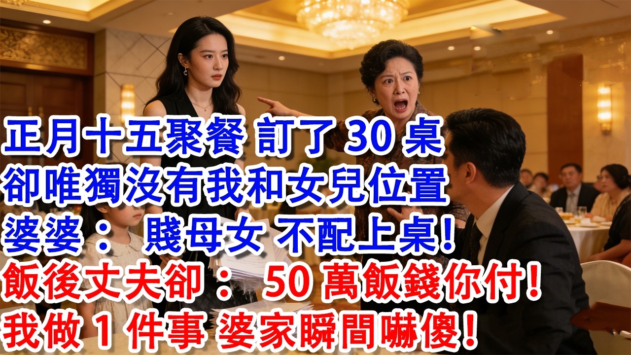 【優秀爽文】正月十五聚餐 訂了30桌，卻唯獨沒有我和女兒位置，婆婆：賤母女 不配上桌！飯後丈夫卻：50萬飯錢你付！我做1件事 婆家瞬間嚇傻！#家庭 #情感故事 #情感 #婆媳 #故事 #戀愛 #小說