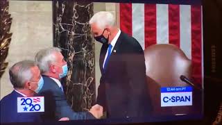 VP Pence receiving his payment.
Dressed in Blue, VP of the Red Republican Party, receiving his payment from the Blue Democrats, rubbing up to Nancy Pelosi, on the inside... VP Pence receiving his payment.