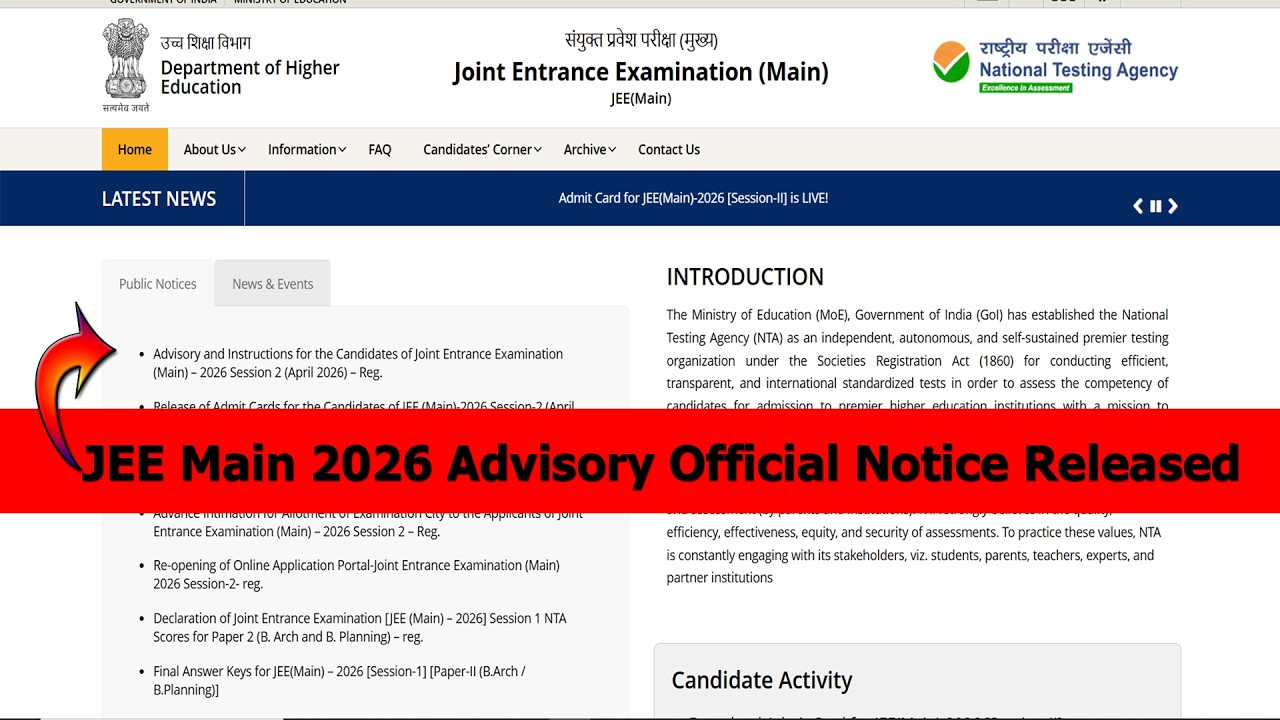 Jee Main 2026 Session 2 Advisory Official Notice Released | NTA latest ...