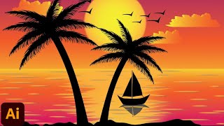 Sunset Sea view vector Illustration