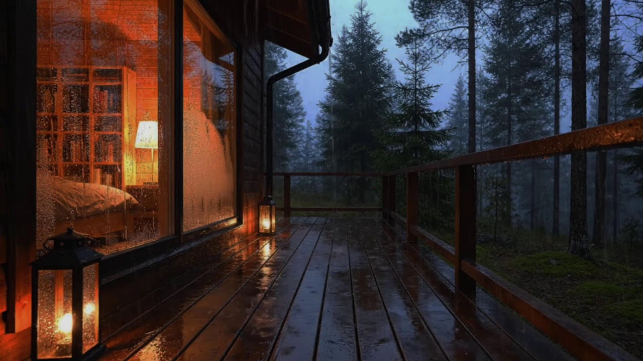 Natural rain at a forest cabin retreat, evening rain ambience promoting sleep balance over insomnia