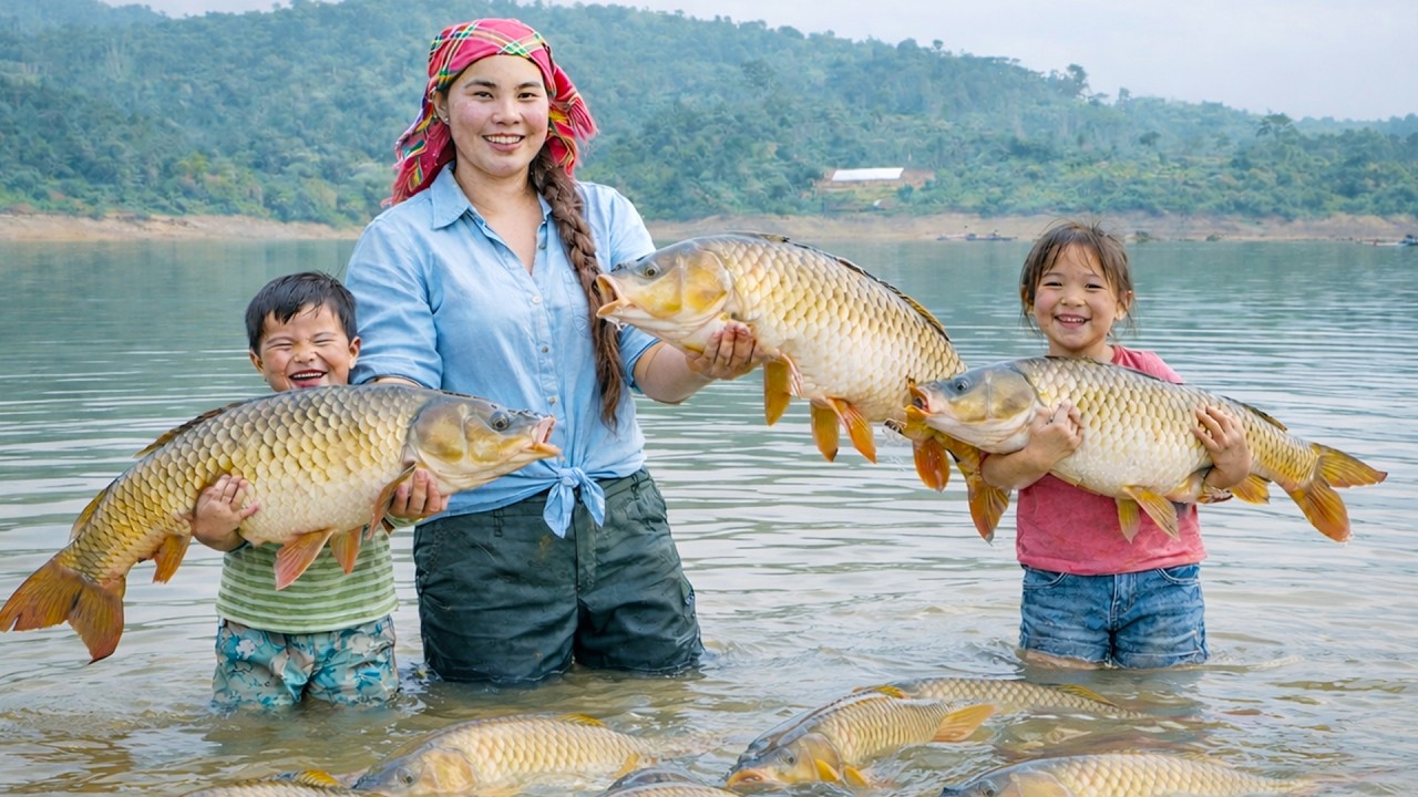 Catching & Trapping Giant River Fish with My Son to Sell at the Local Market