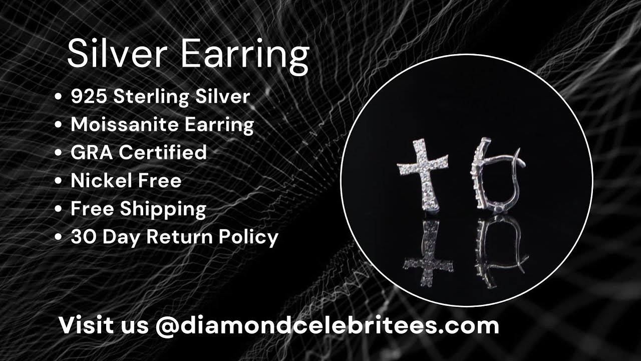 Diamondcelebritees 925 Silver Round Shape White Hip Hop Cross Stud Earrings for Women