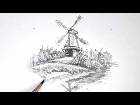 How to Draw a Windmill Landscape | Relaxing Countryside Drawing with Music