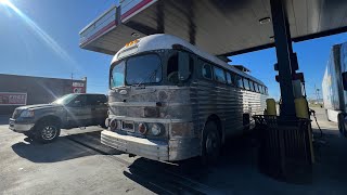 Vintage 1947 greyhound bus on the road after a 3 year break PD 3751 hill climbing detroit diesel 671