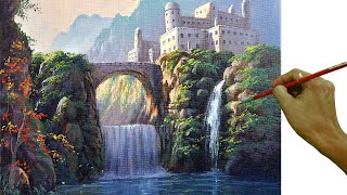 Acrylic Landscape Painting in Timelapse / Waterfalls and Castle / JmLisondra