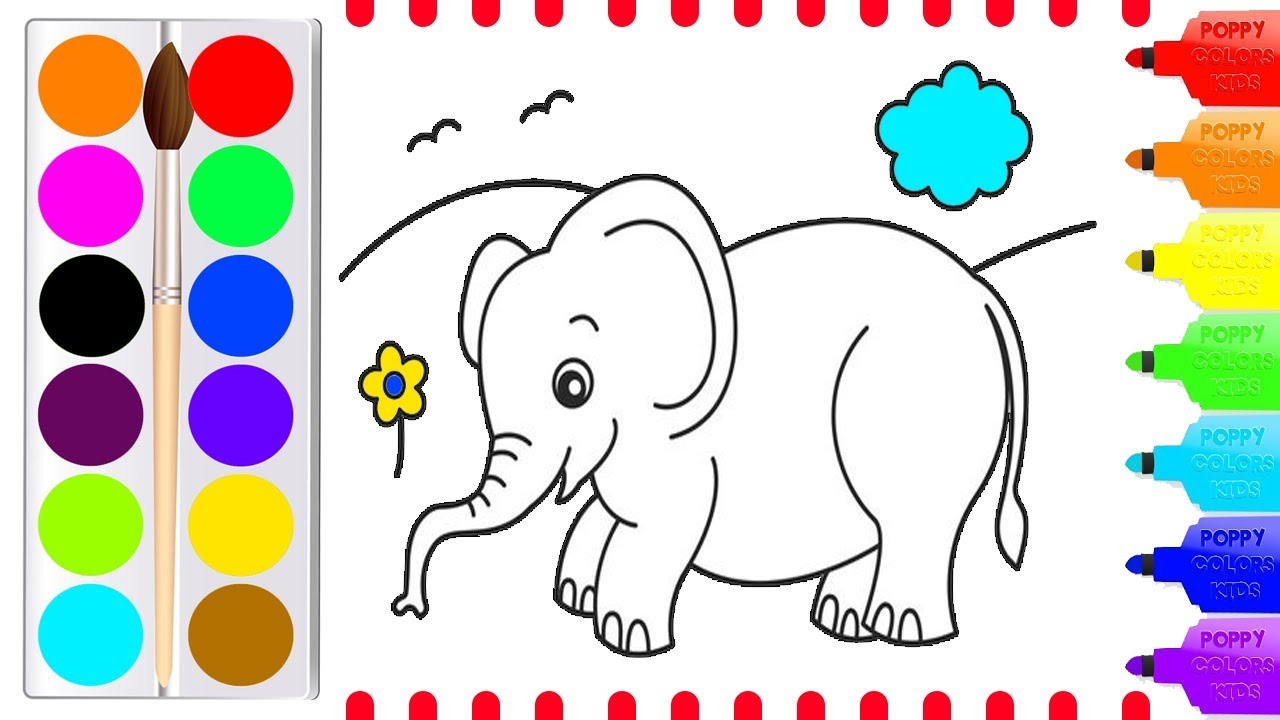 رسم حيوانات الغابة فيل صغير مع وردة و طيور Drawing Coloring