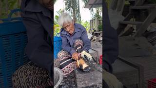 Hardworking Grandma 89 Year Cutting Hot Coconut - Fruit Cutting Skills