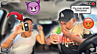 SPRAYING FART SPRAY ON MY HUSBAND STARBUCKS CUP! (BAD IDEA)