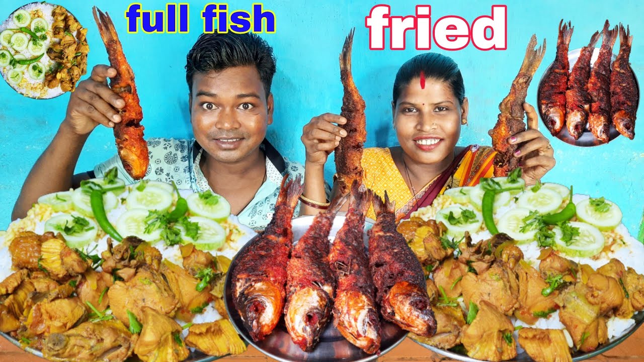 Full fish fry cooking full fish fry chicken curry salad rice eating