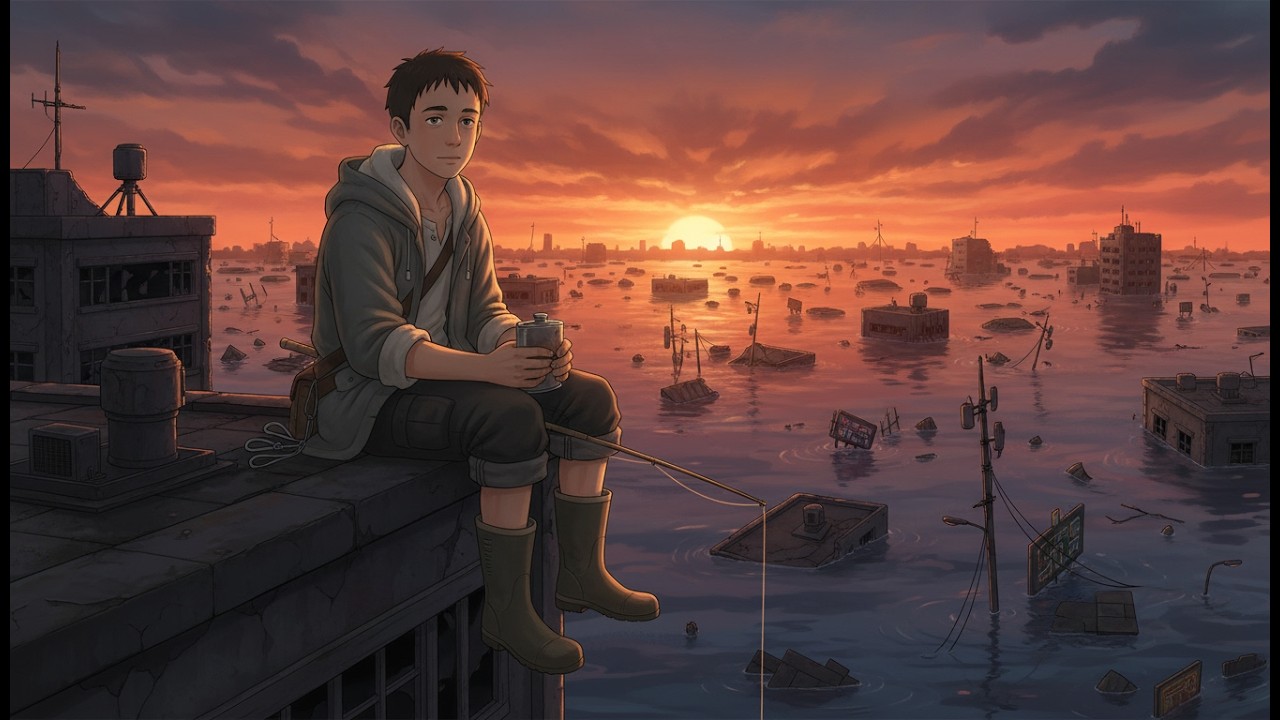 Рыбалка над затопленным городом | Уютный Ghibli-рофтоп в постапокалипсисе