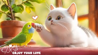 Cute cat playing with bird😺🐥, Video of lovely moments to help relax🎼