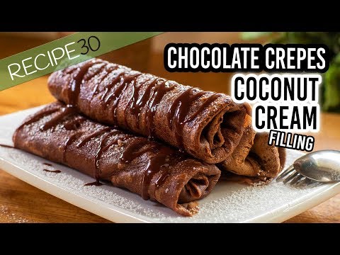 Chocolate Crepes with Creamy Coconut Filling and Hot Chocolate Sauce