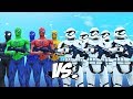 Stormtroopers army vs spiderman blue spiderman green spiderman yellow spiderman black spiderman