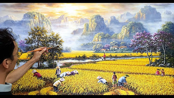 Vẽ tranh phong cảnh đồng lúa chín vàng / Mùa thu hoạch lúa / Sơn Acrylic / A Lu Art.