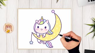 How to Draw a Unicorn on Moon | Follow along Drawing lessons | كيفية رسم يونيكورن