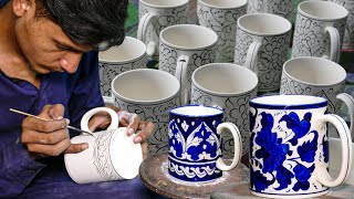 From Clay to Art: A Blue Pottery Artist Demonstrates His Skills on Porcelain Mug