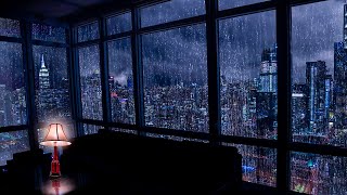 Sounds of heavy rain through the window. A downpour in New York City without thunder and lightning
