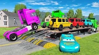 Double Flatbed Trailer Truck vs Speedbumps Train vs Cars | Tractor vs Train Beamng.Drive #35