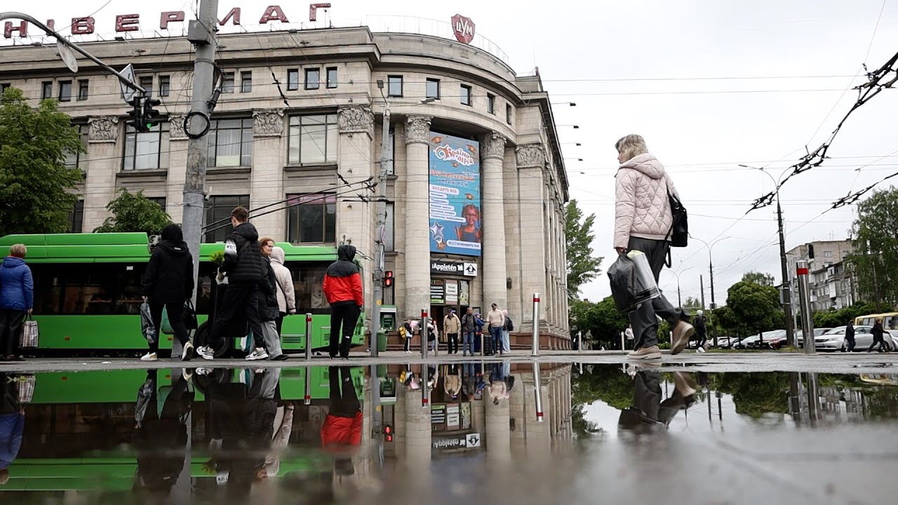 Травневий дощовий день у Житомирі: калюжі, краплі на рослинах та люди з парасольками