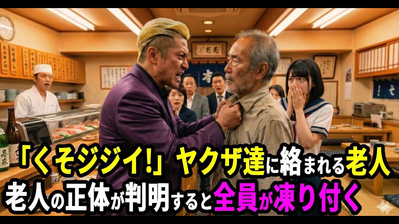 「邪魔だクソジジイ！」寿司屋で傍若無人に振舞うヤクザに絡まれる貧相なお爺さん。お爺さんの正体が判明した瞬間、組長が土下座。